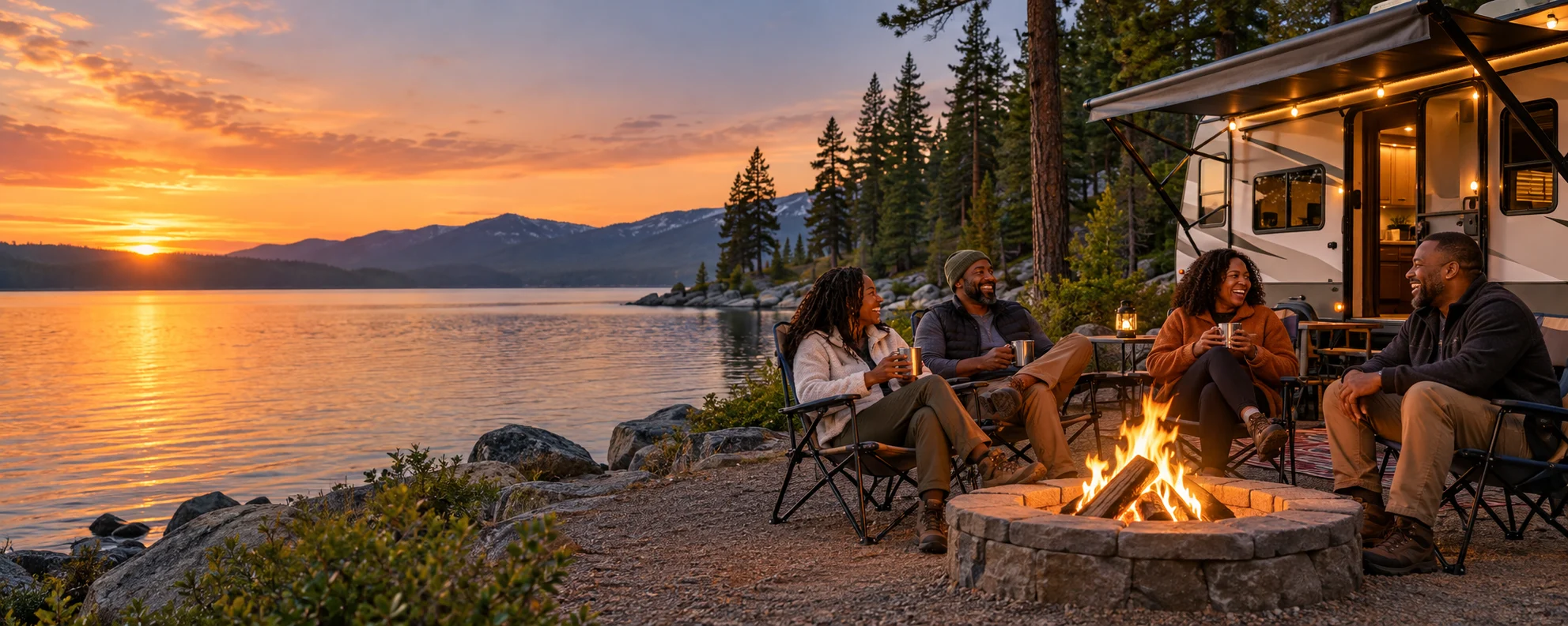 Friends camping beside a lake and travel trailer at sunset