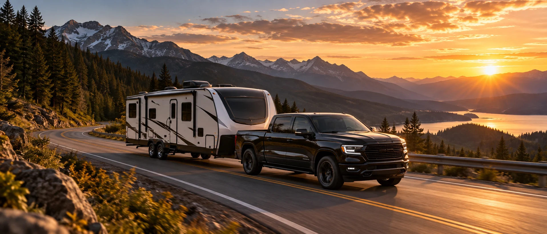 Truck towing a travel trailer through the mountains at sunset
